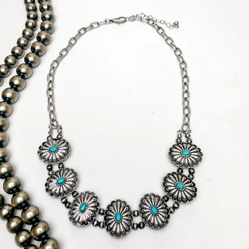 Silver Tone Flower Concho Necklace With Turquoise Blue Stones