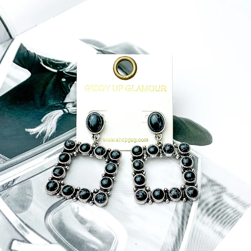 Open Square Drop Earrings with Black Stones in Silver Tone