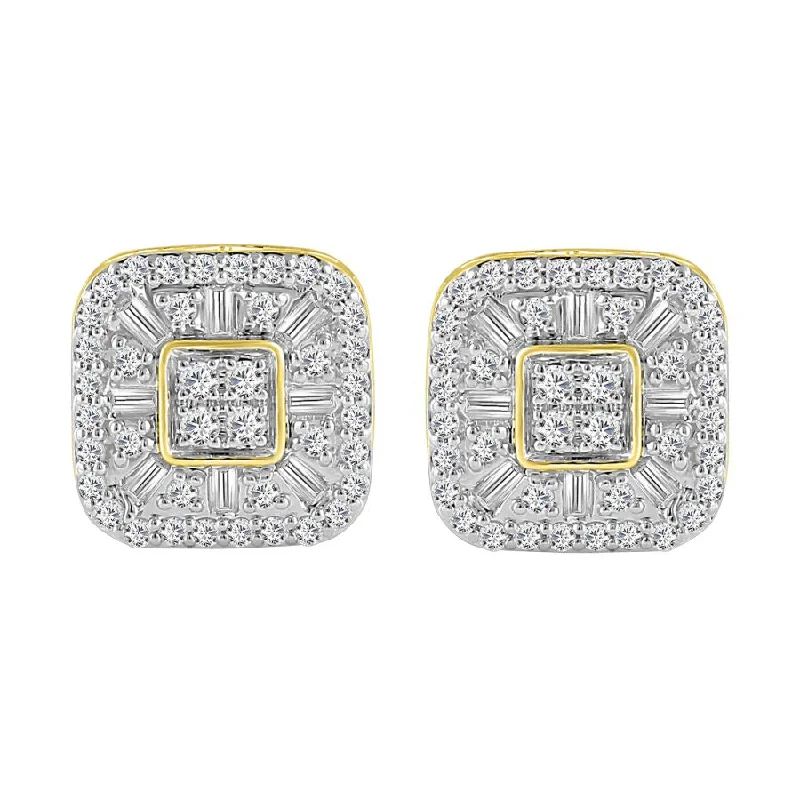 Fashionable Chandelier Earrings-LADIES STUD EARRINGS 1.00CT ROUND/BAGUETTE DIAMOND 10K YELLOW GOLD