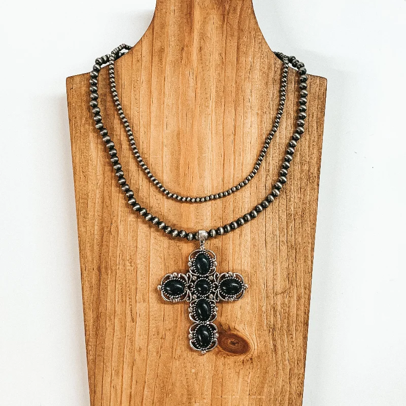 Two Strand Faux Navajo Pearl Necklace with Cross Pendant in Black