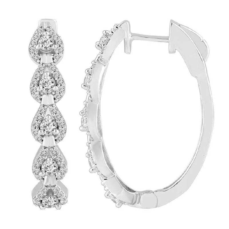 Shiny Drop Earrings-LADIES HOOP EARRINGS 1.00CT ROUND DIAMOND 14K WHITE GOLD