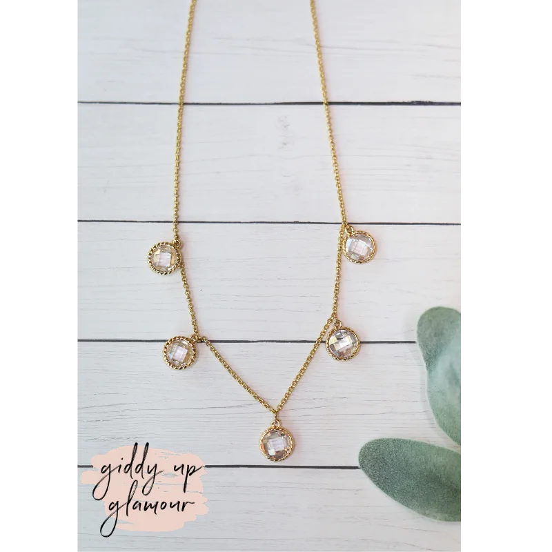 Clear Crystal Circle Drop Necklace in Gold