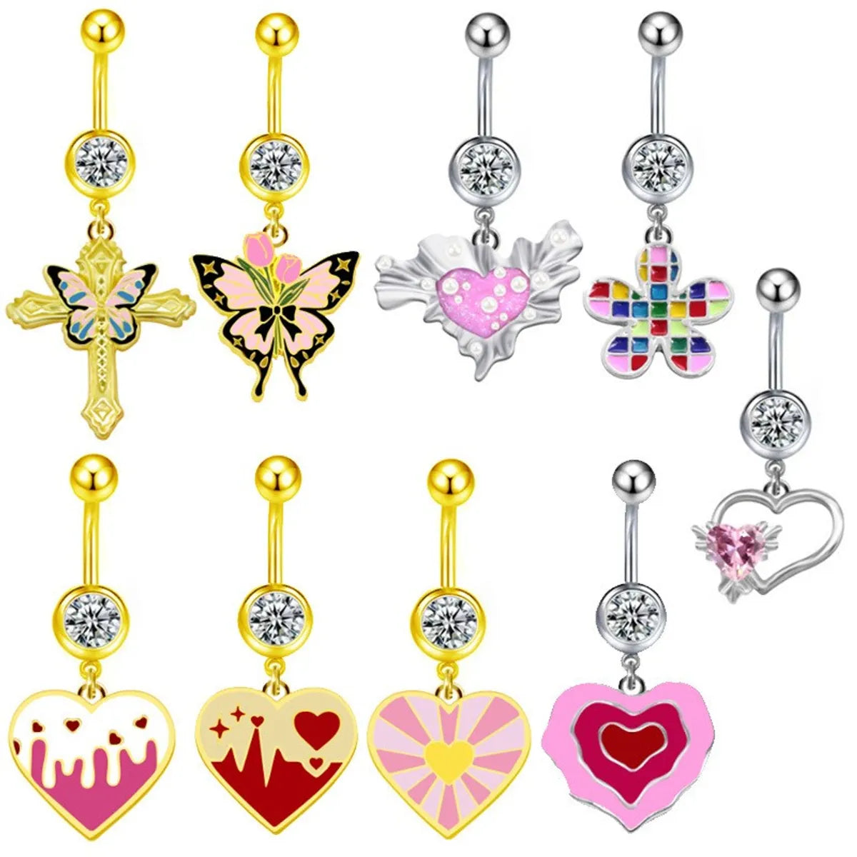 1 Piece Belly Rings Sexy Heart Shape Flower Butterfly Stainless Steel Enamel Plating Inlay Rhinestones Belly Ring