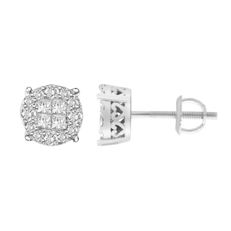 Large Gold Earrings-LADIES STUD EARRINGS 1.50CT ROUND/PRINCESS DIAMOND 14K WHITE GOLD