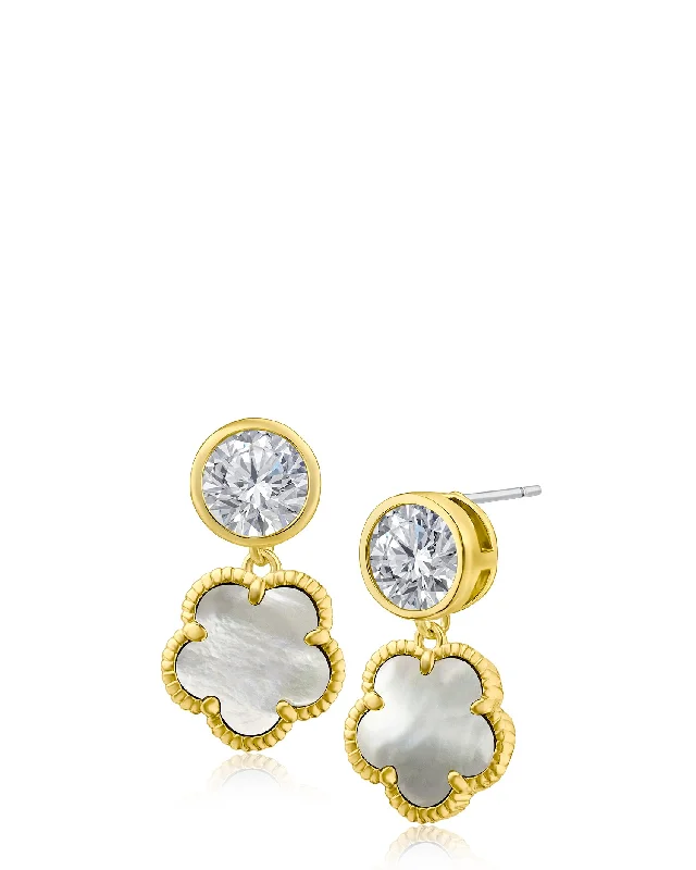 Cute Pearl Earrings-Round CZ and Clover Drop Earrings