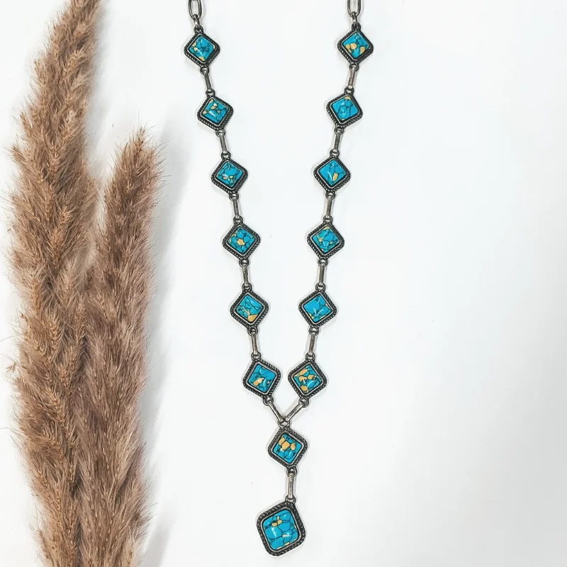 Silver Chain Necklace with Turquoise Square Stones