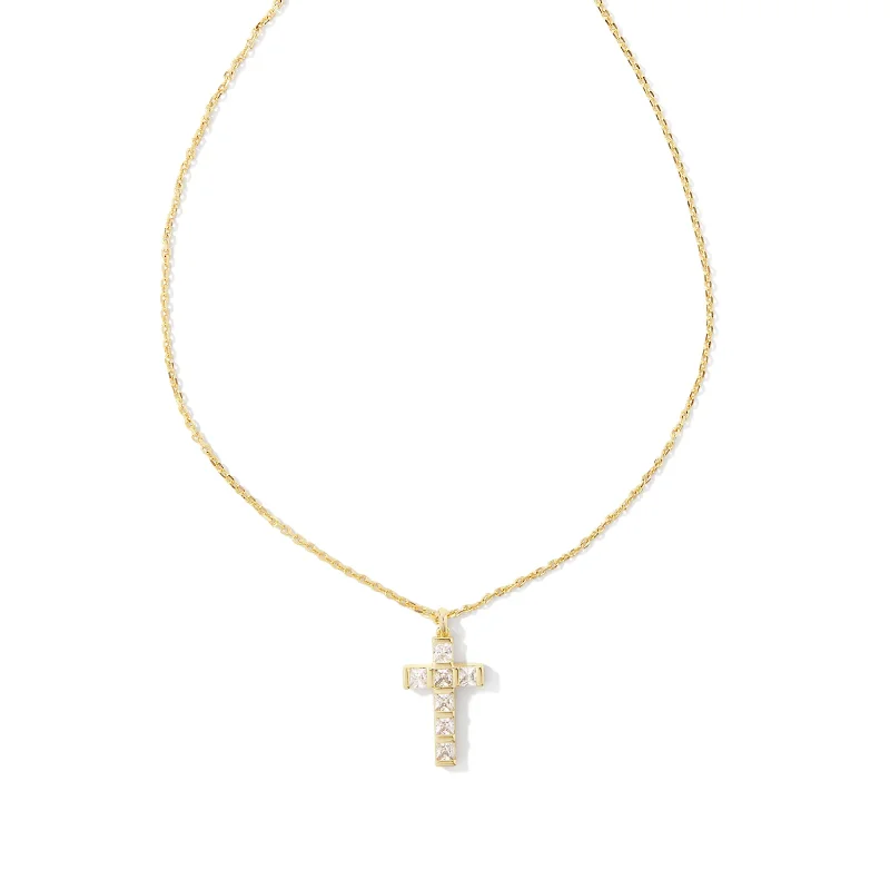 Kendra Scott | Gracie Gold Cross Pendant Necklace in White Crystal