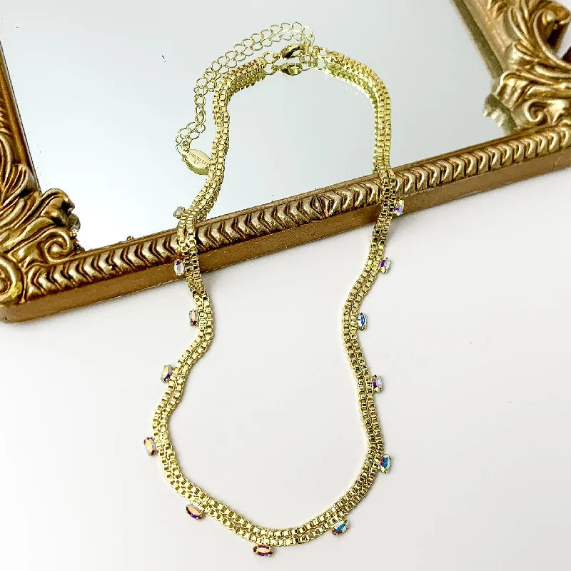 Sorrelli | Cleo Box Chain and Crystal Tennis Necklace in Bright Gold Tone and Aurora Borealis