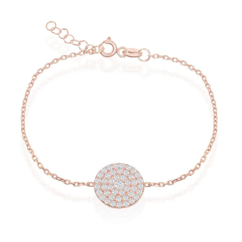 Sterling Silver Rose Gold Plated Round CZ Disc Bracelet, 6"