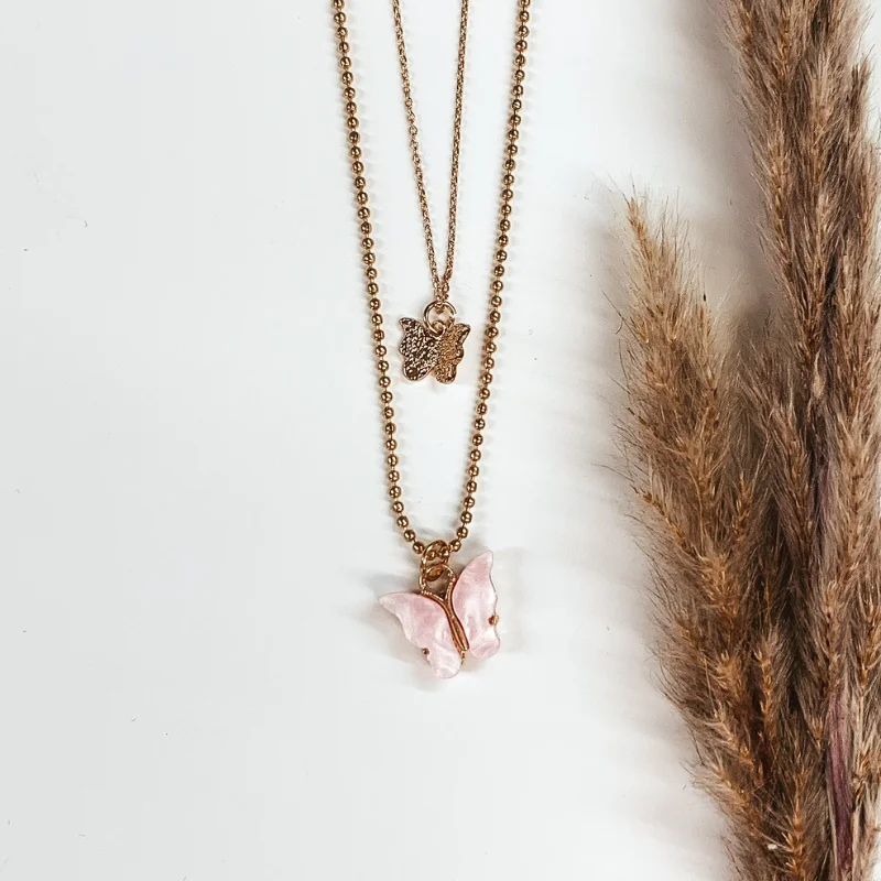 Double Layered Butterfly Gold Necklace in Pink