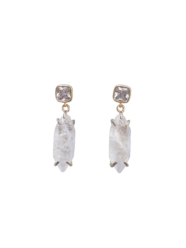 Elegant Gold Earrings-Crystal Square Stud with Rough Crystal Drops