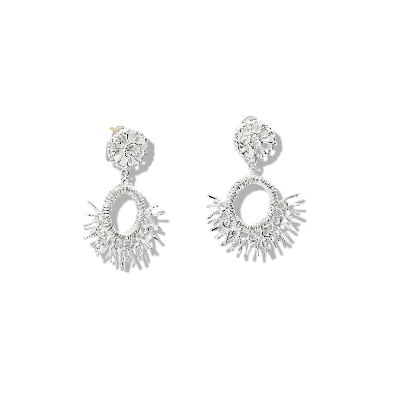 Flower Earrings-Raffia Double Drop Earrings Silver