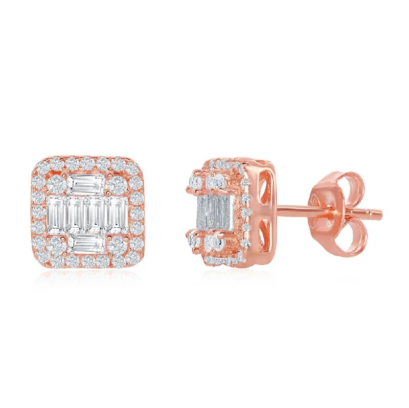 Cute Ear Jackets-Sterling Silver Square Baguette CZ Stud Earrings - White, Rose Or Yellow Plated