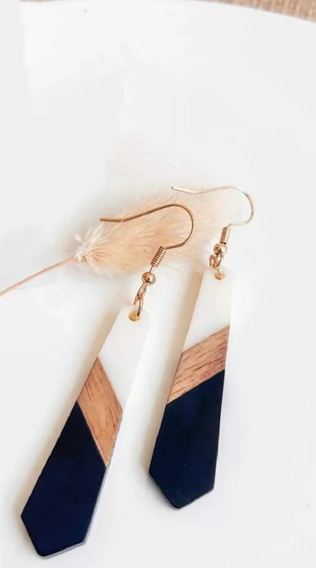 Statement Earrings for Weddings-Beautiful Slim Black and White Resin Wood Earrings