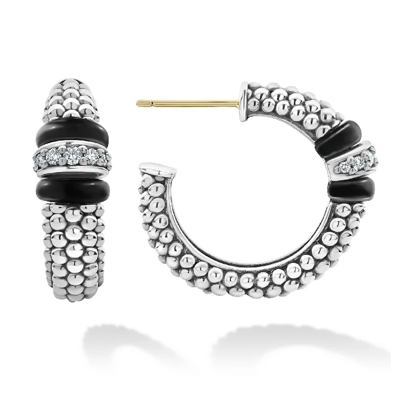 Adjustable Hoop Earrings-Black Caviar Ceramic Caviar Diamond Hoop Earrings