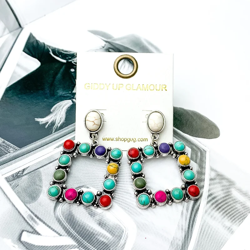 Open Square Drop Earrings with Multicolor Stones in Silver Tone