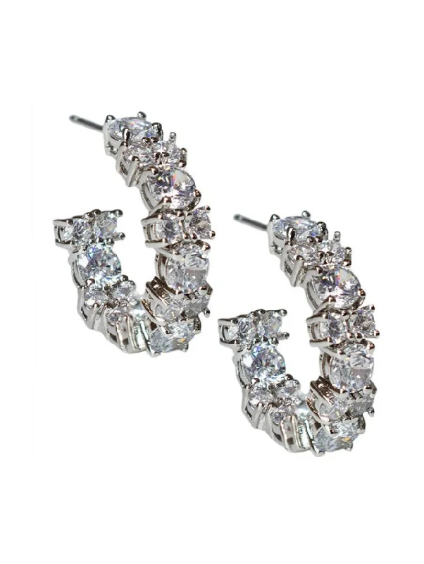 Silver Stud Earrings-Round CZ Hoop Earrings