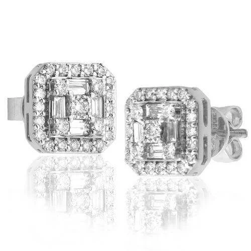 Geometric Stud Earrings-10KW 0.85CTW BAGUETTE DIAMOND SQUARE CUSHION SHAPE