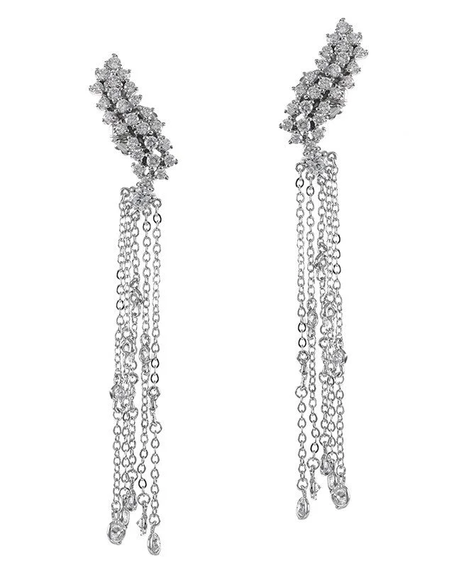 Geometric Shape Earrings-ROUND CZ CLUSTER CRAWLER  W/CHAIN BEZEL