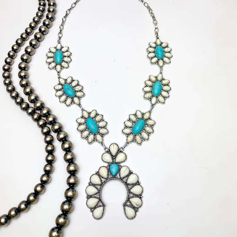 Squash Necklace with Oval Flowers in Silver Tone, Turquoise, and White