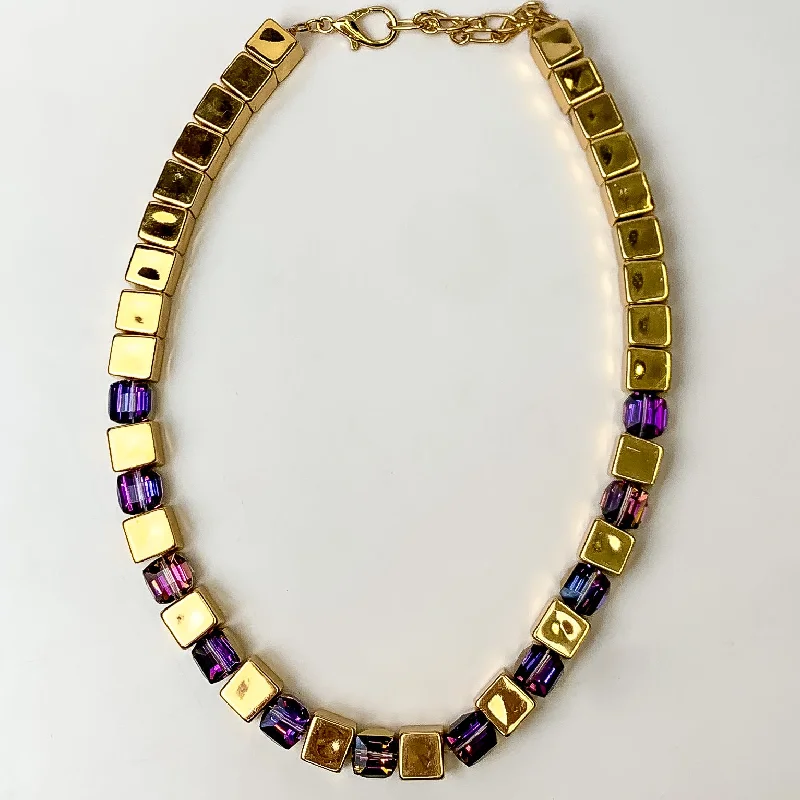 Fashionably Late Gold Tone Cubed Necklace in Purple