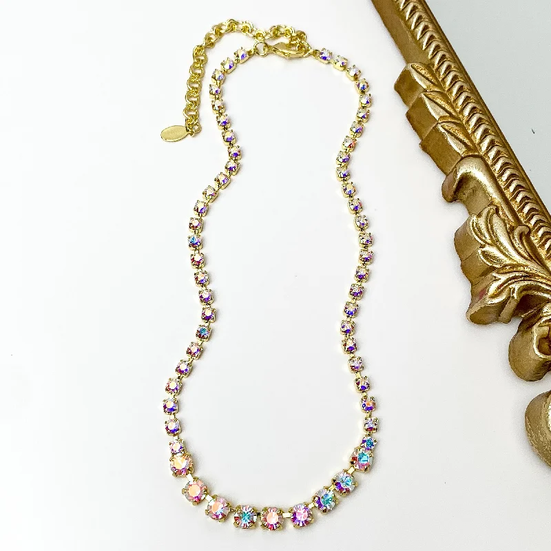 Sorrelli | Audrianna Crystal Tennis Necklace in Bright Gold Tone and Aurora Borealis