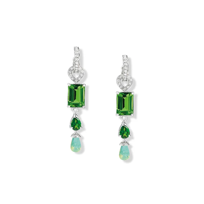 Bohemian Earrings-Octavia Earring Drops 18ct White Gold - Chrome Diopside, Green Tourmaline, Opal & Diamond