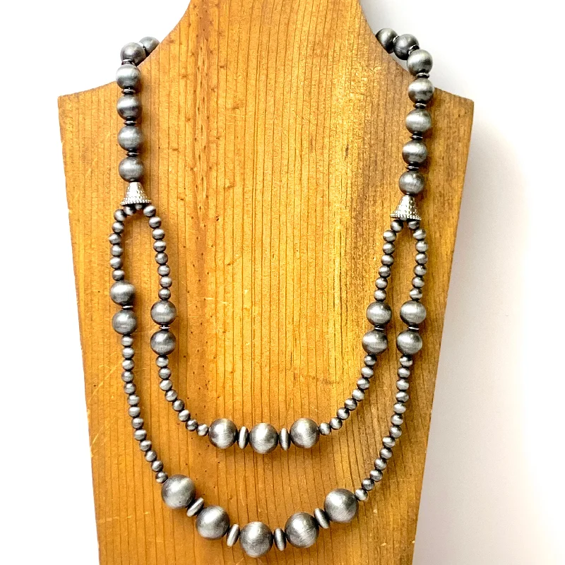 Double Row Faux Navajo Pearl Layering Necklace in Silver Tone