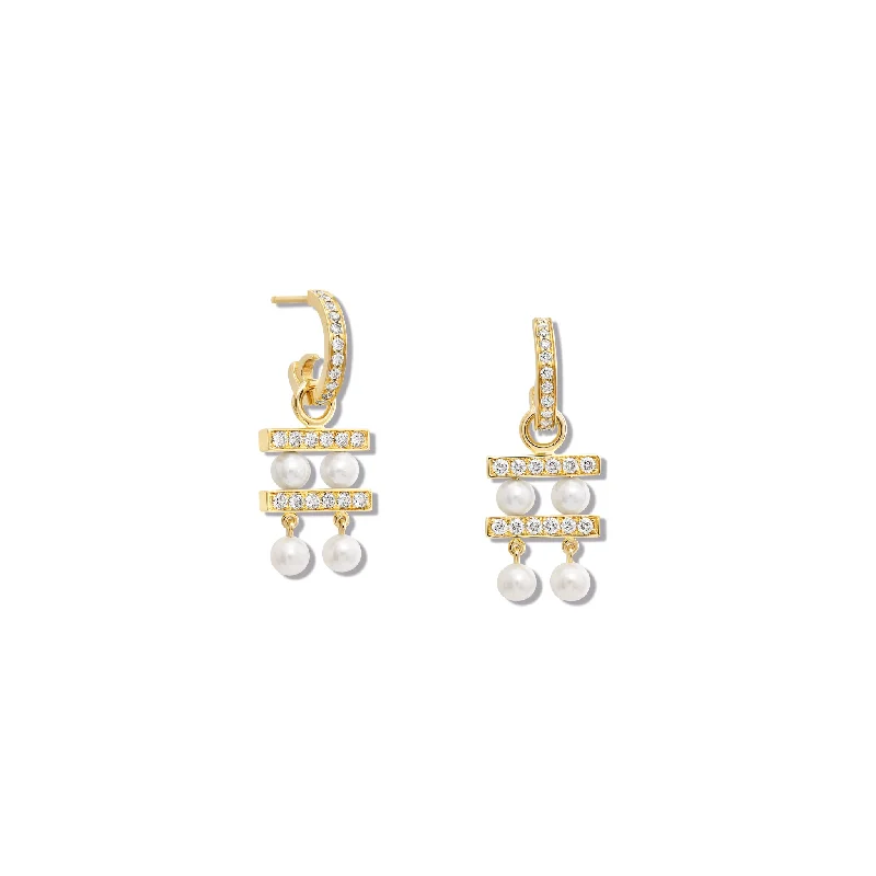 Bold Statement Earrings-Couture Double Earring Drops Yellow Gold - Diamond Pavé & Pearl