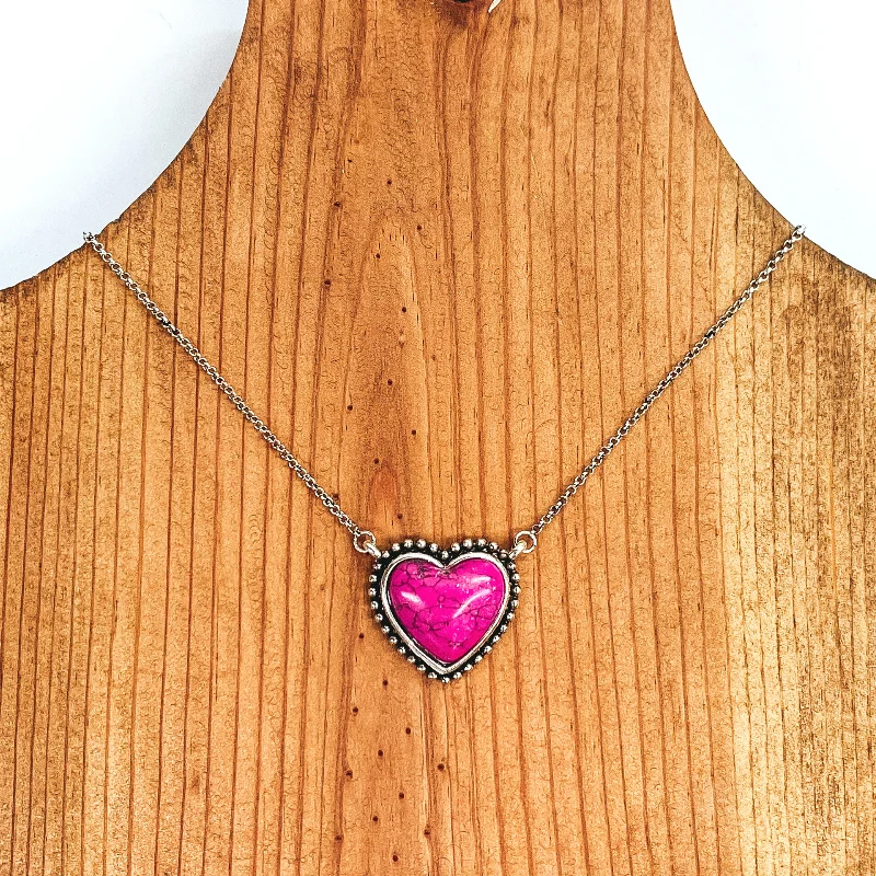 Silver Chain Necklace with Small Stone Heart Pendant in Pink