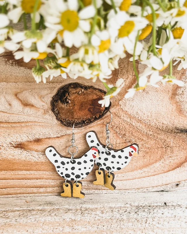 Silver Stud Earrings-Adorable Wood Chicken Earrings