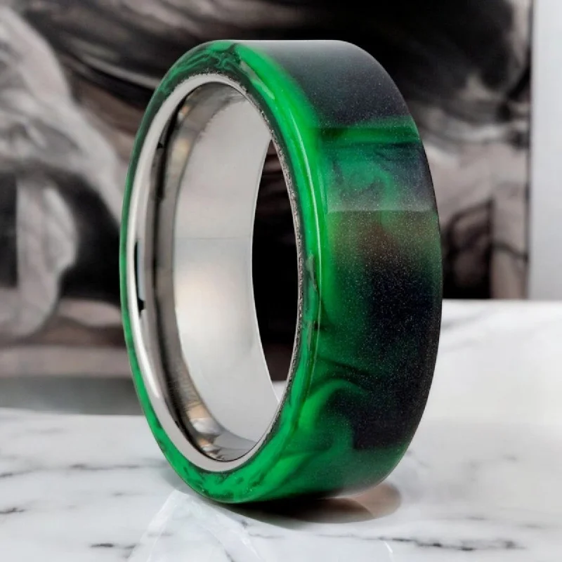 GREENFIRE | Silver Tungsten Ring, Black and Green Resin Inlay