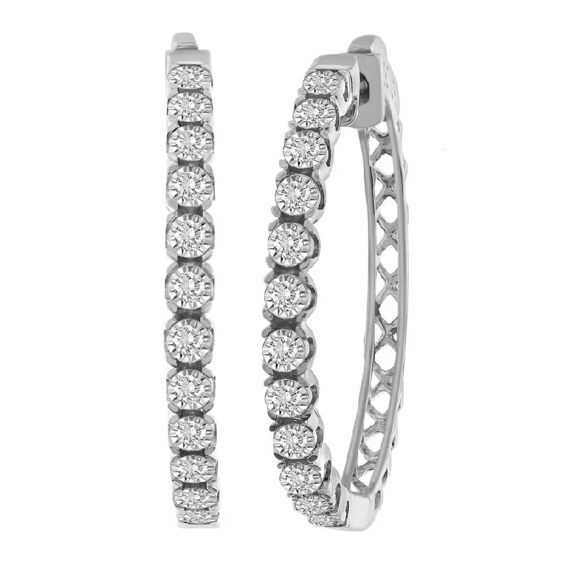 Stud Earrings with Gemstones-LADIES HOOP EARRINGS 0.50CT ROUND DIAMOND 10K WHITE GOLD