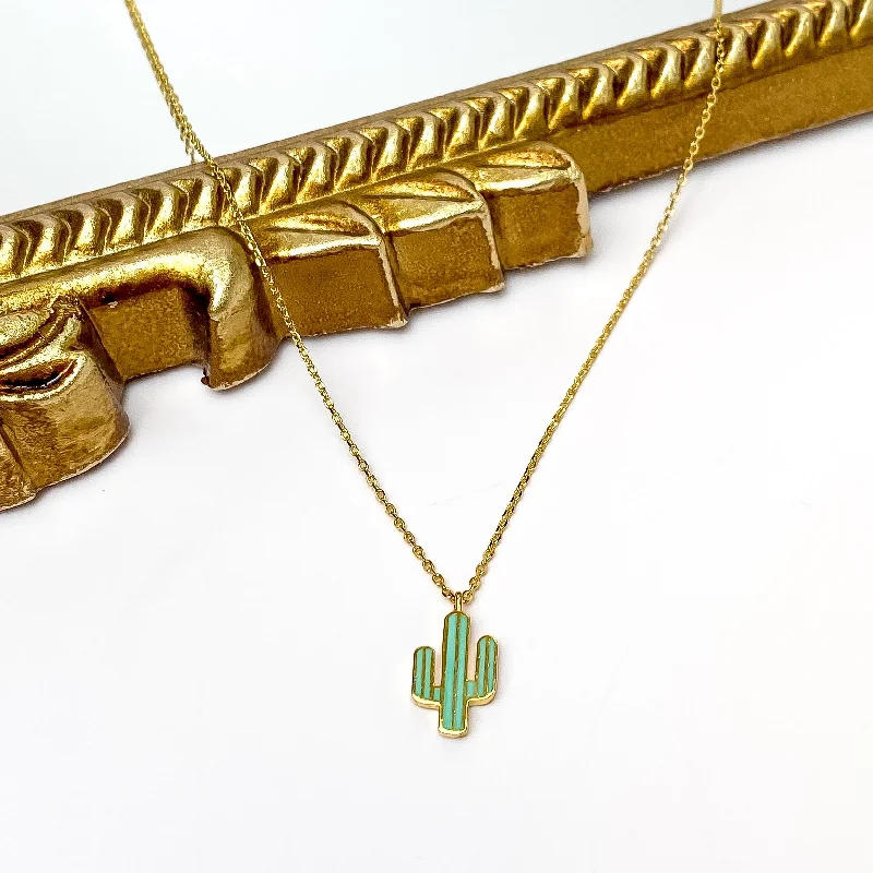 Gold Tone Necklace With Green Cactus Charm