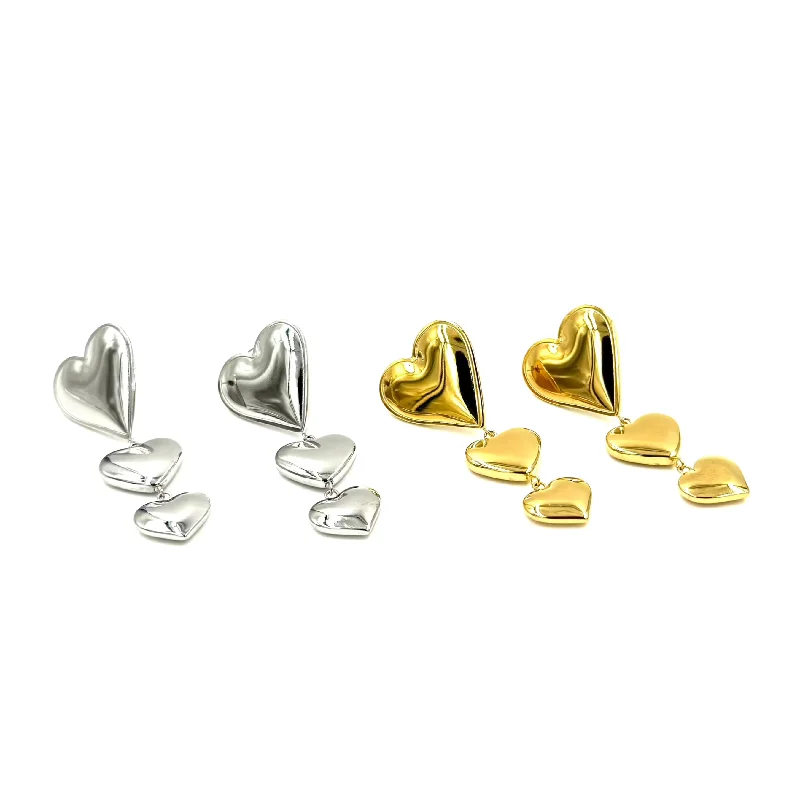 Fashionable Dangle Earrings-Ashley Gold Stainless Steel 3 Drop Heart Design Earrings