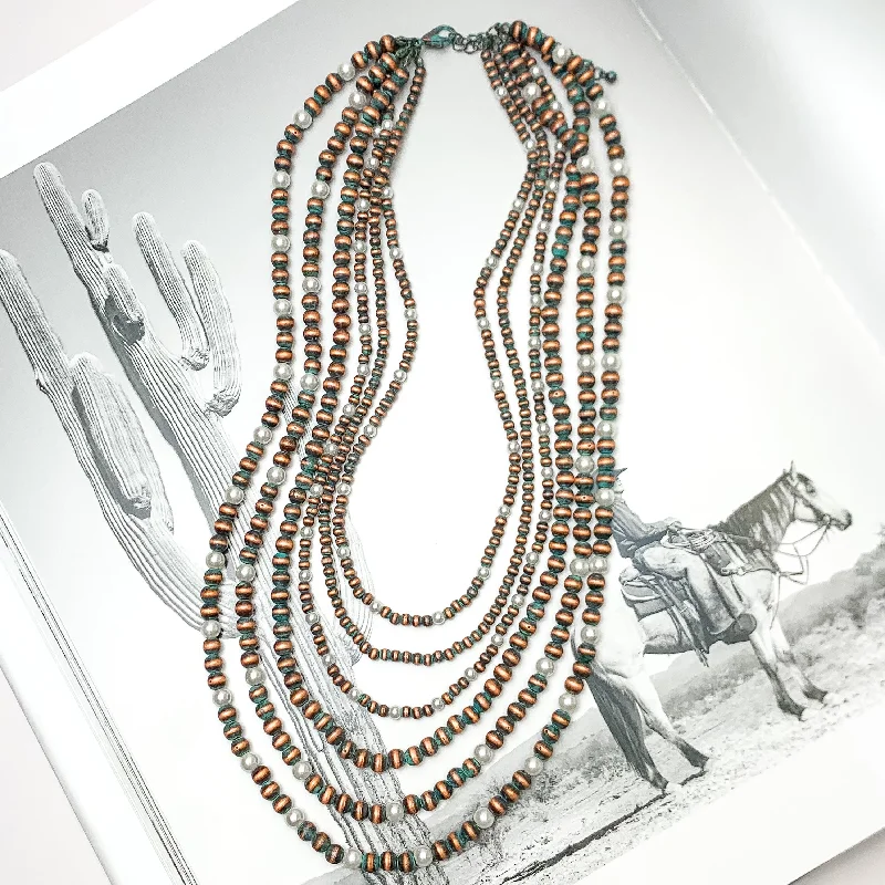 Six Strand Faux Navajo Pearl Necklace in Patina Tone with White Pearl Beads