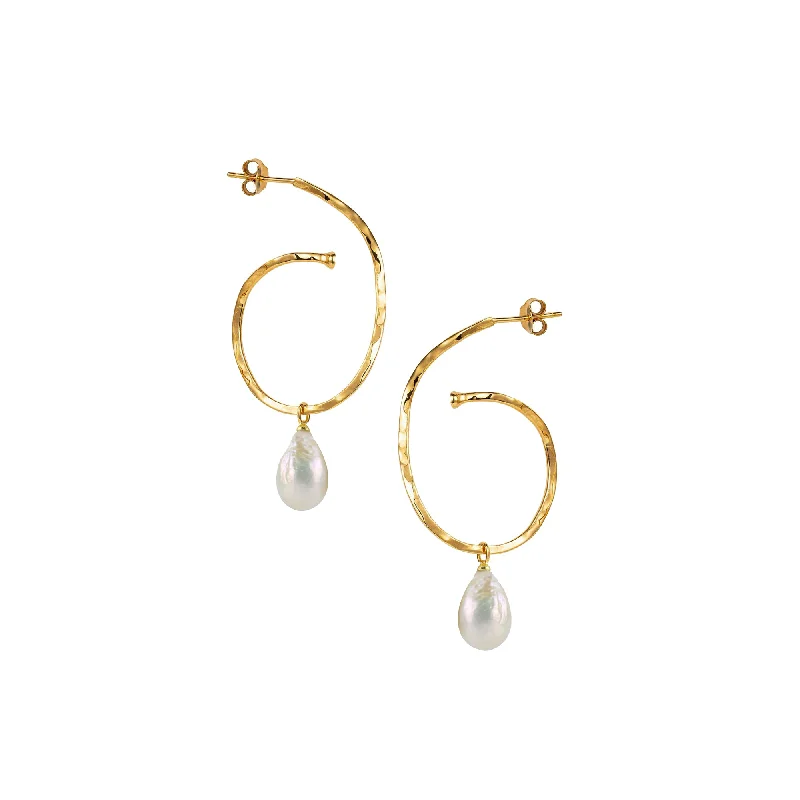 Freshwater Pearl Earrings-Gold Hammered Swirly Hoop and Pearl Earrings