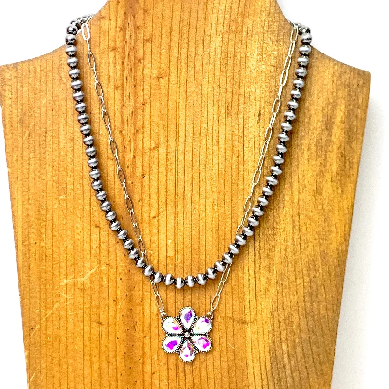 Prairie Petals Faux Navajo Pearl and Chain Necklace in Silver Tone