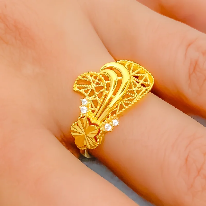 Distinct Decorative Netted CZ 22k Gold Ring