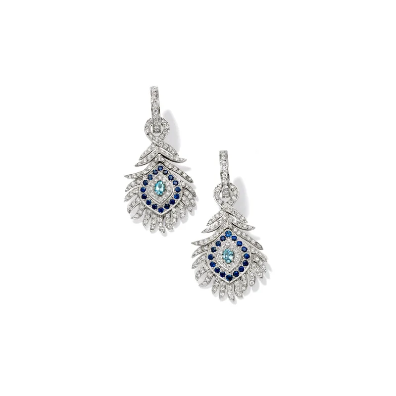 Shiny Hoop Earrings-Peacock Octavia Earring Drops 18ct White Gold - Sapphire, Aquamarine and Diamond