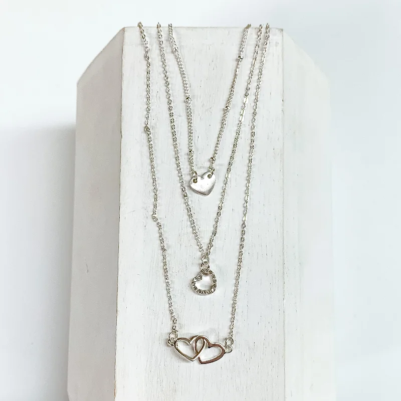 Multi Layered Necklace with Heart Pendants in Silver Tone