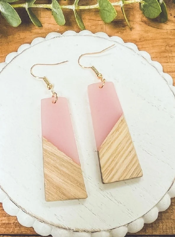 Oval Dangle Earrings-Beautiful Pink Resin and Wood Earrings