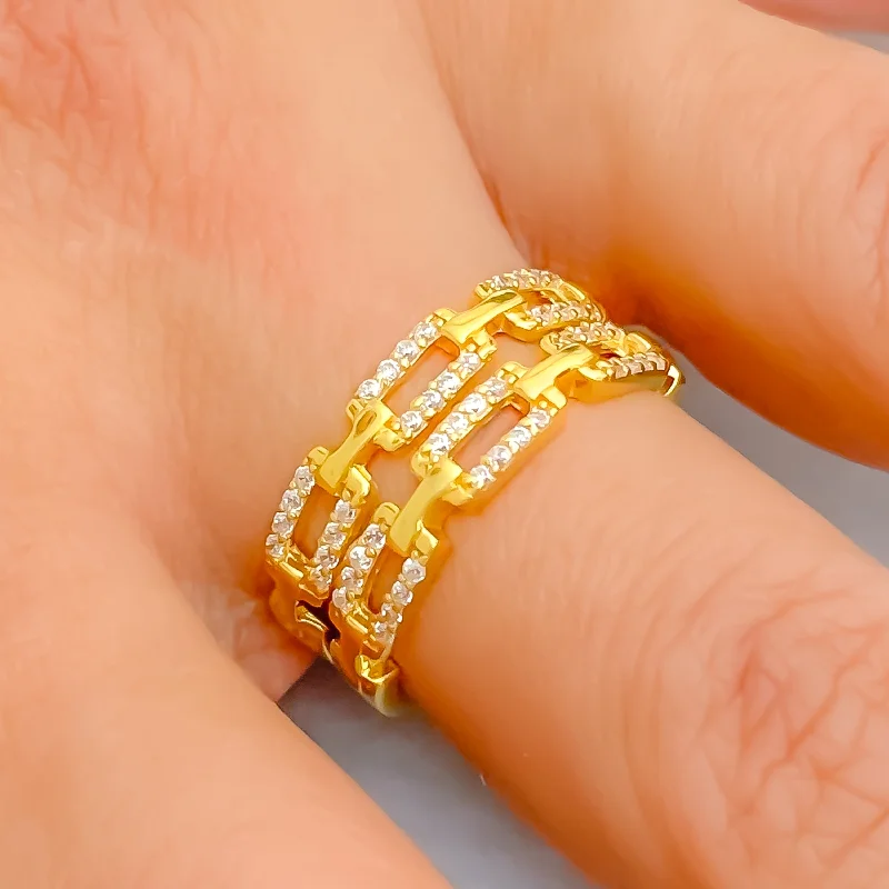 Stylish Brilliant Geometric 22k Gold CZ Ring