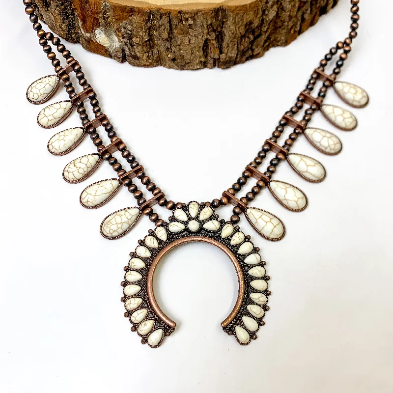 Copper Tone Faux Navajo Pearl Necklace With Stones and Naja Pendant in Ivory