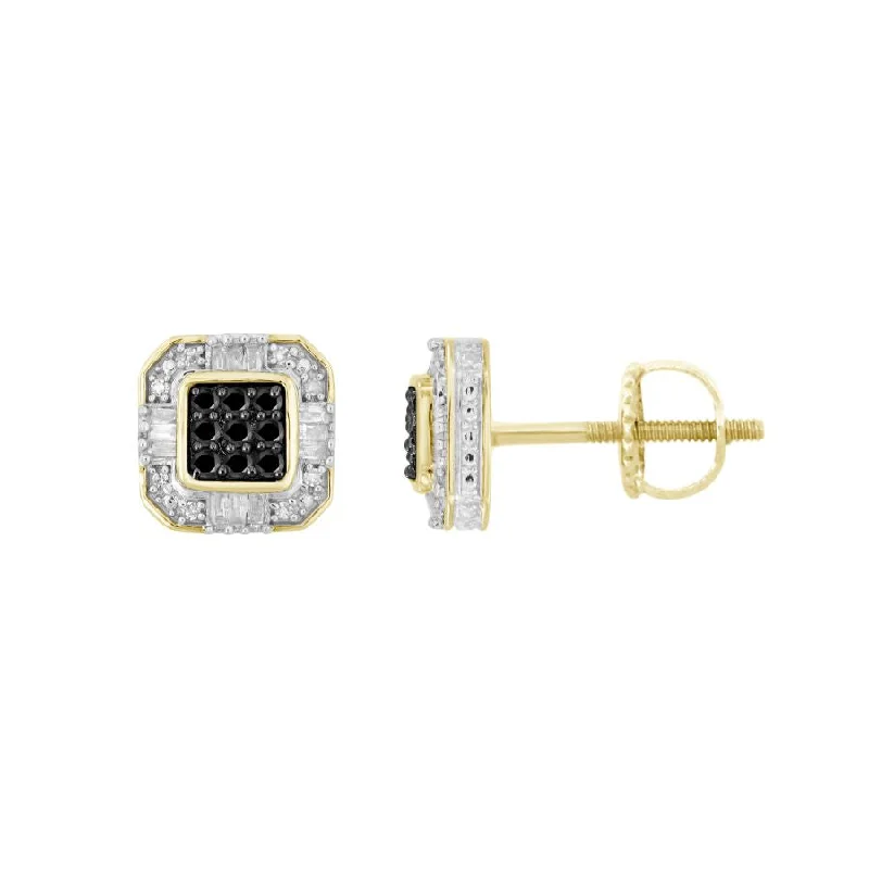 Elegant Stud Earrings-LADIES EARRINGS 0.25CT ROUND/BLACK/BAGUETTE DIAMOND 10K YELLOW GOLD