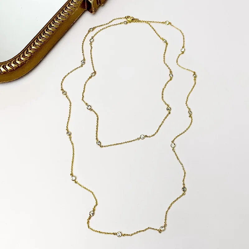 Simple Long Gold Tone Necklace With Clear Crystals