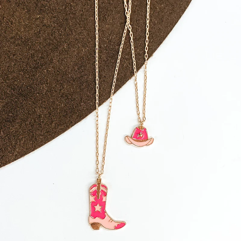 Double Layered Gold Necklace with Hat and Boot Pendant in Pink