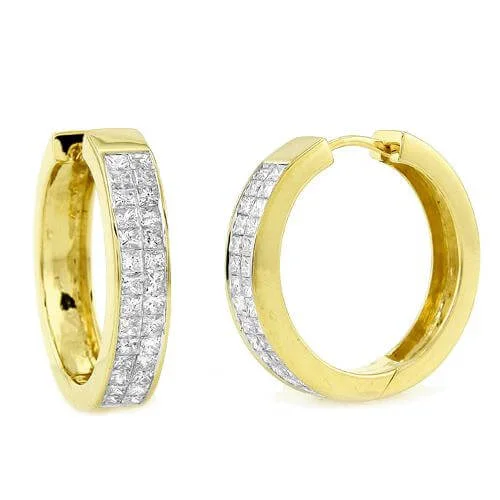 Pear Shaped Earrings-14K 1.75CTW PRINCESS CUT DIAMOND INVISIBLE SET HOOPS