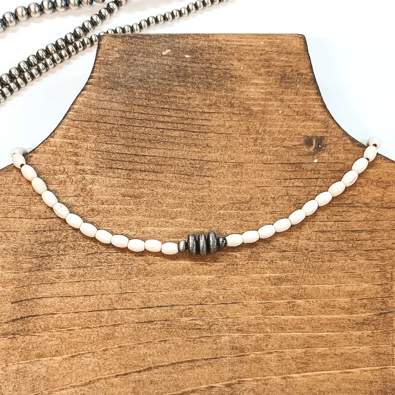 Oval Bead Necklace with Silver Saucer Beads in Ivory