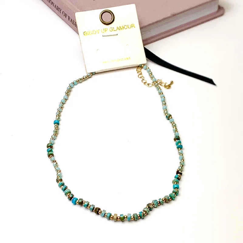 Natural Stone and Crystal Beaded Necklace in Turquoise Blue